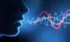 A silhouette of a person's profile emits colorful sound waves in a blue, abstract background, illustrating communication or voice transmission