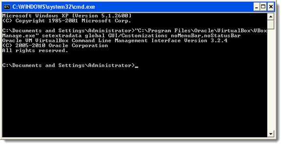 The command to turn off the menu bar and status bar in VirtualBox