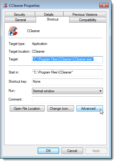 Clicking Advanced on the Shortcut tab