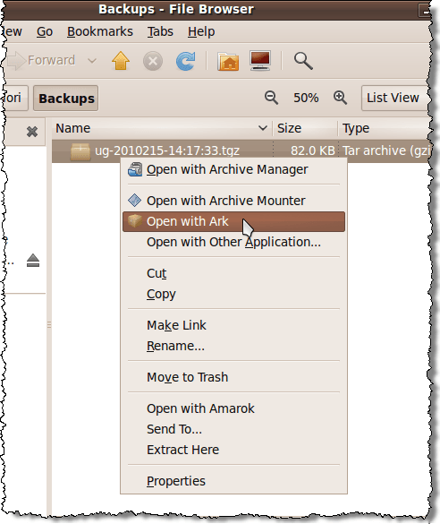 Pop-up menu options for .tgz file