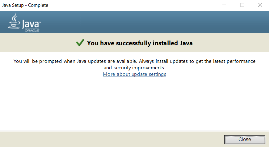 A successful Java installation message.