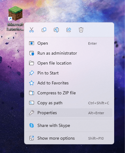 Screenshot of opening Minecraft properties.