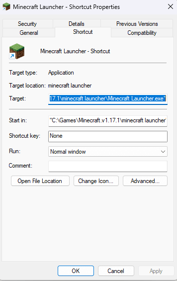 Editing the Minecraft target field.