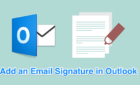 Outlook icon and document with pencil indicating a writing action, set on a light blue background