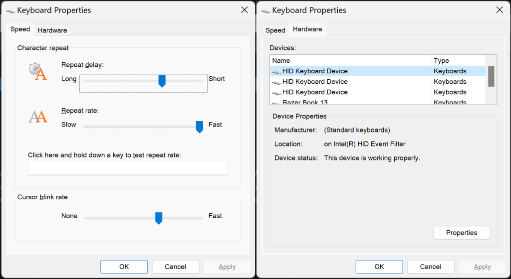 "Keyboard Properties" window in Windows 11