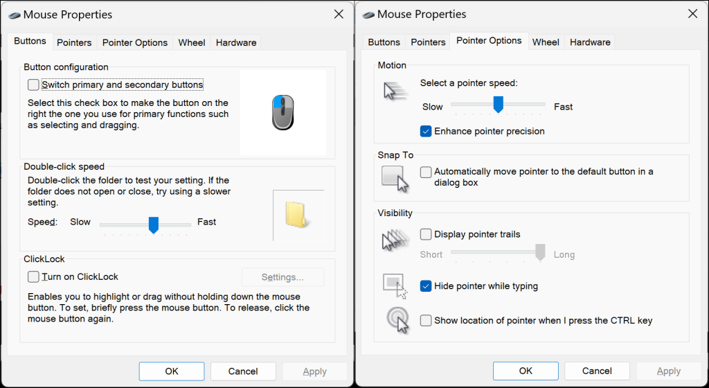 "Mouse Properties" window in Windows 11