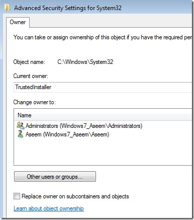 change owner windows 7