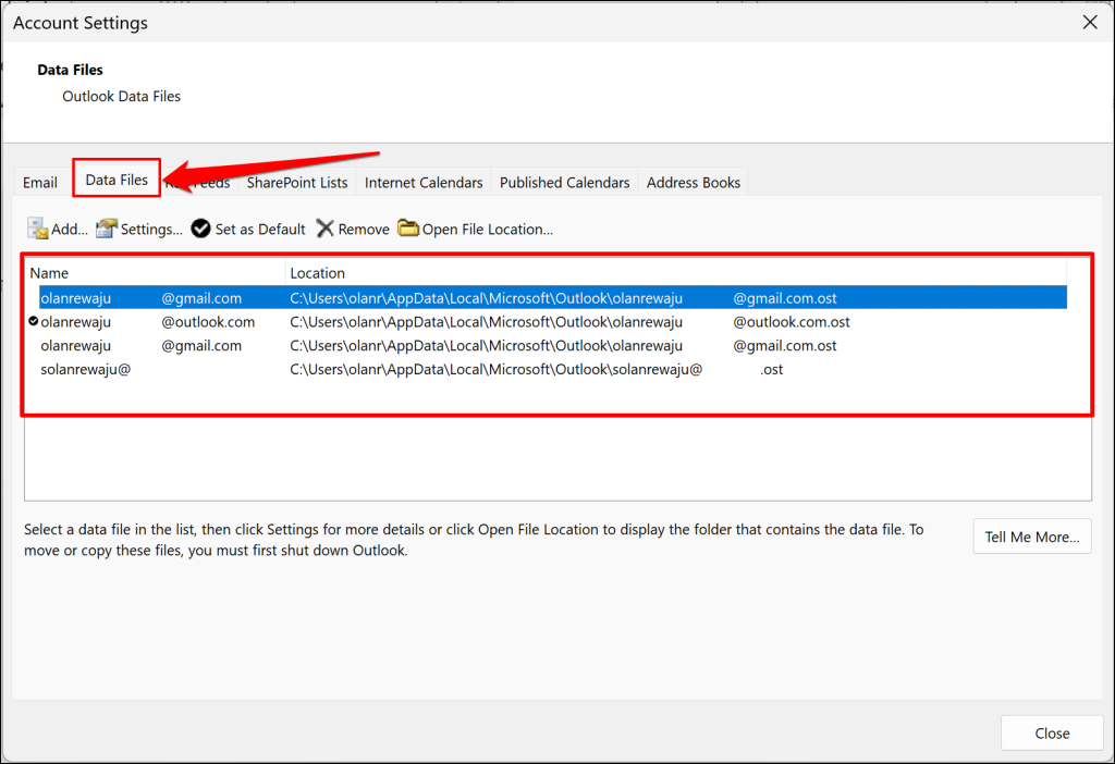 Microsoft Outlook Data Files tab in Windows