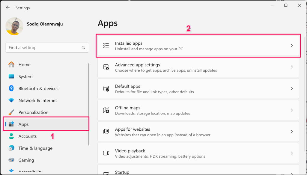 "Installed apps" highlighted in Windows app settings menu