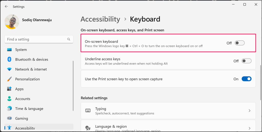On-screen keyboard in Windows settings menu