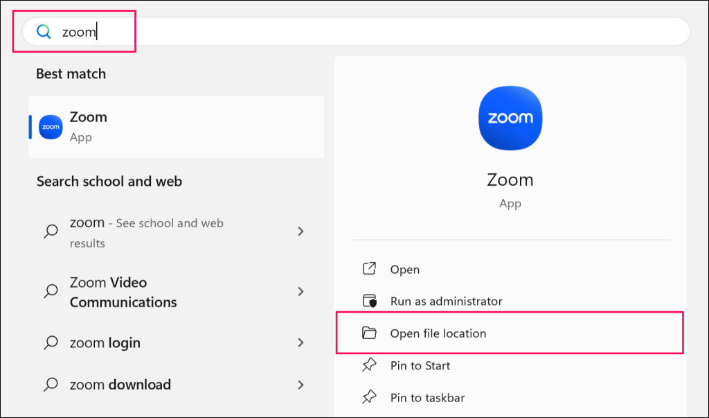 "Open file location" highlight in Windows Start menu for the Zoom app