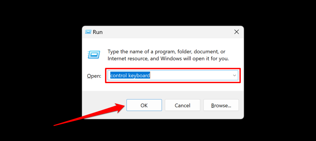 "Control keyboard" command in the Windows Run box