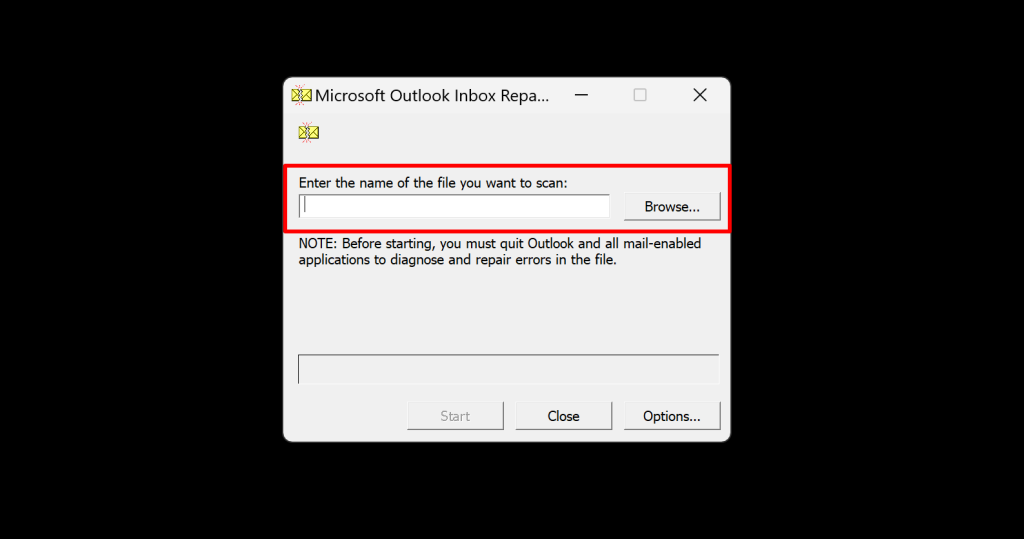 File browser box in the Microsoft Outlook Inbox Repair tool