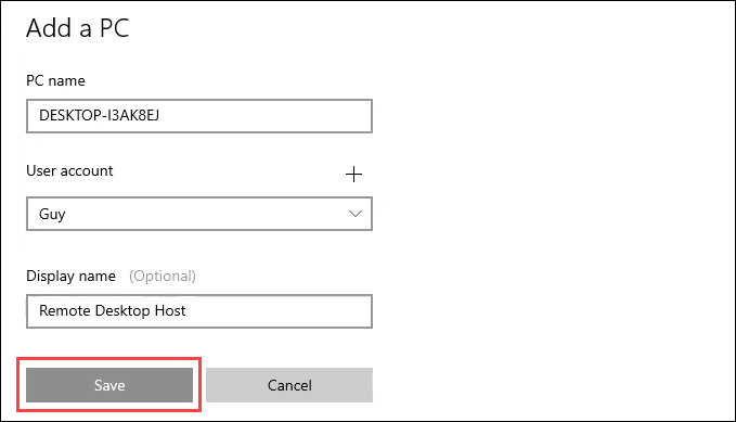 Filling in the details to remotely connect to a PC.