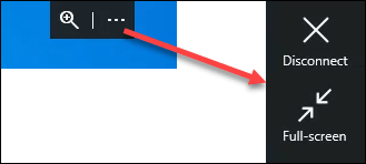 Disconnect and Full-screen options in the Remote Desktop app.