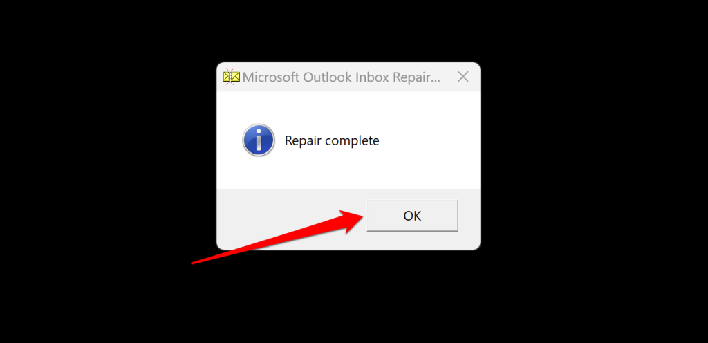 "Repair complete" pop-up message on Microsoft Outlook Inbox Repair Tool