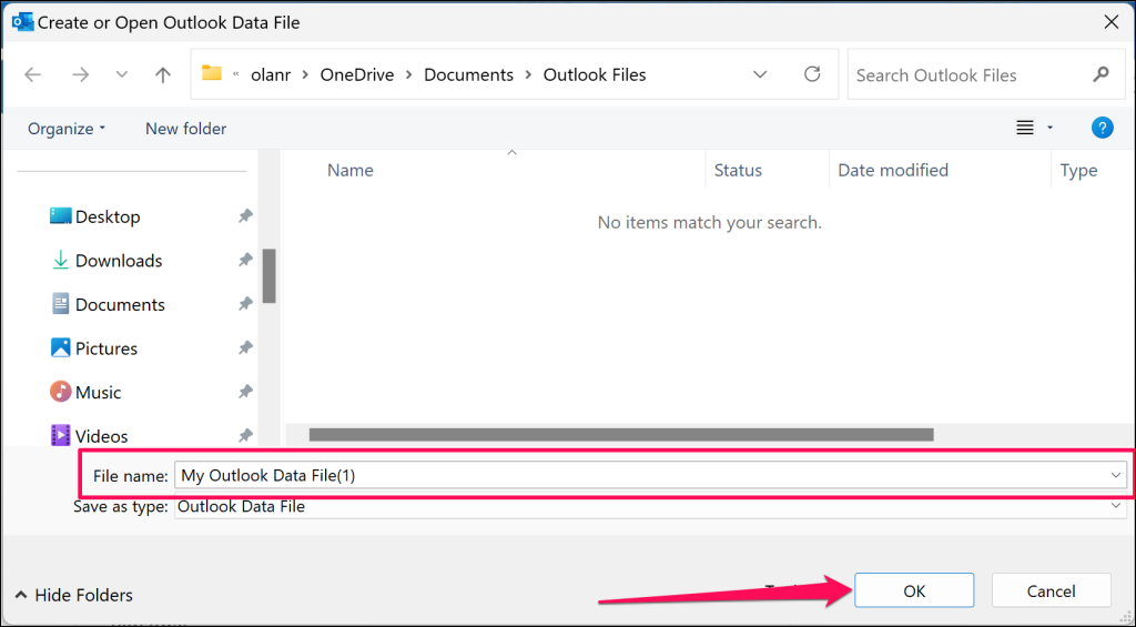 Creating a new Outlook Data File