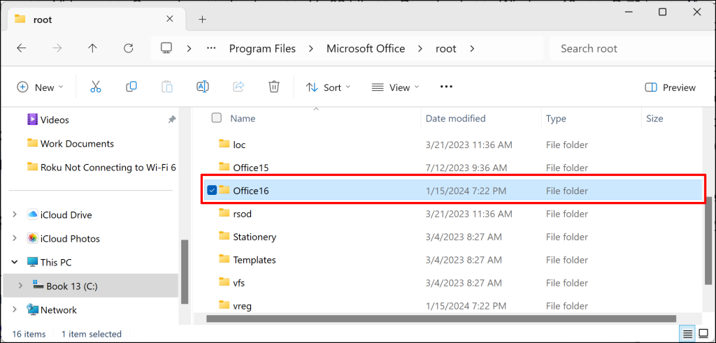 Microsoft Office installation folder in Windows 11