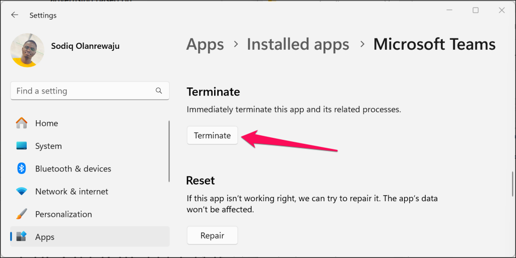 "Terminate" button highlighted in Microsoft Teams app page in Windows 11