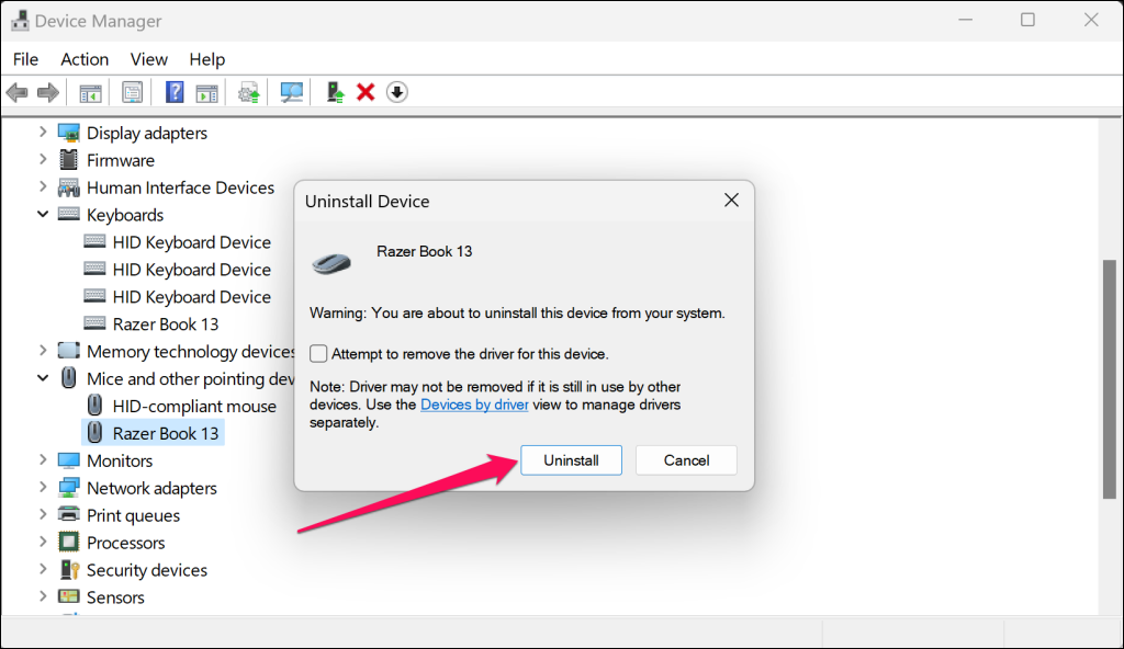 Uninstall Device window for mouse driver in Windows Device Manager