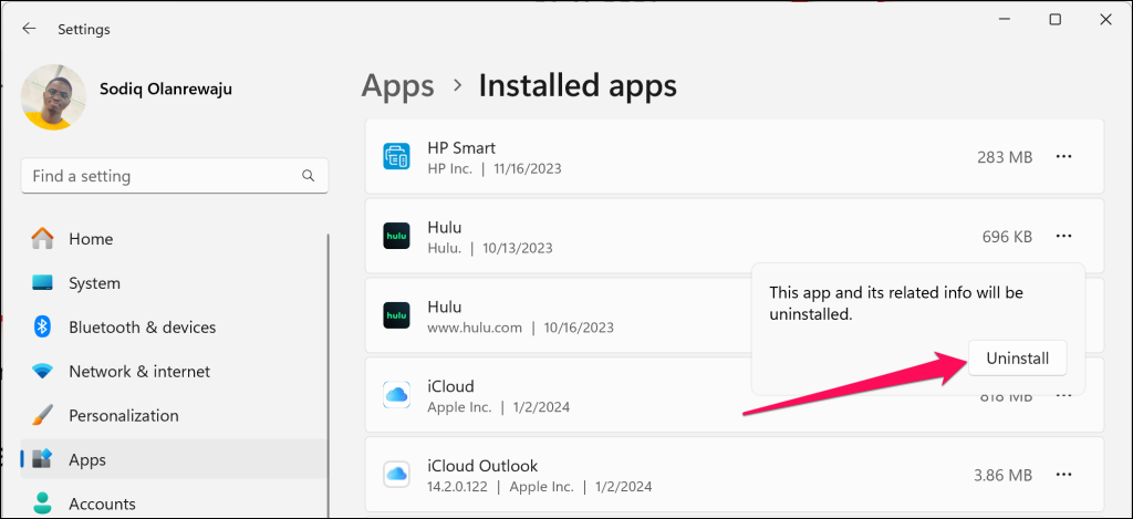"Uninstall" button highlighted in Windows app settings menu