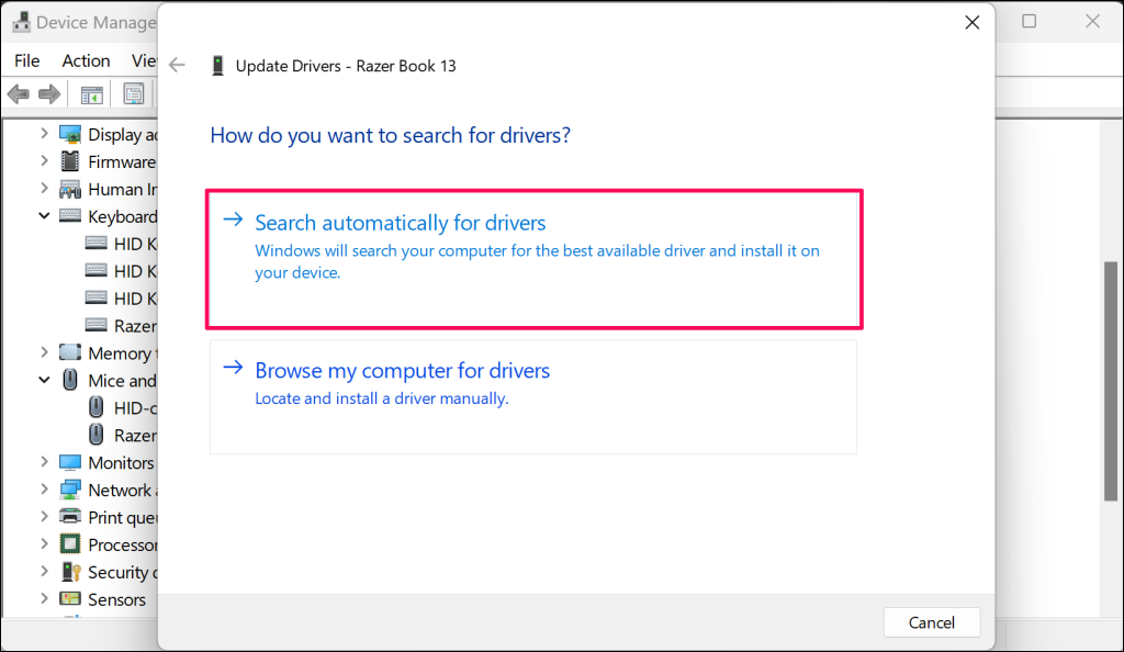 "Search automatically for drivers" option for driver update in Device Manager