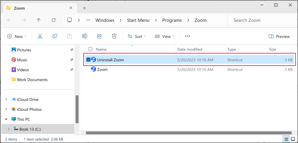 "Uninstall Zoom" app in Windows File Explorer